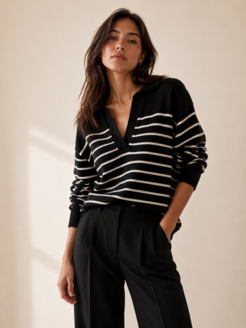 Wilfred by Aritzia Clara Polo Sweater XXS Stripe 100% Wool Relaxed Fit